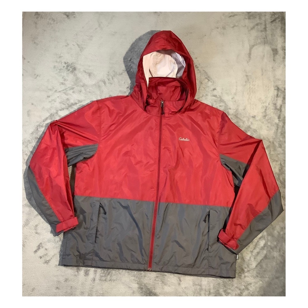 Cabela's Men's‎ 2XL Hooded Rain Jacket Red Gray Windbreaker